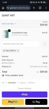 WELCOME10 coupon verification screenshot