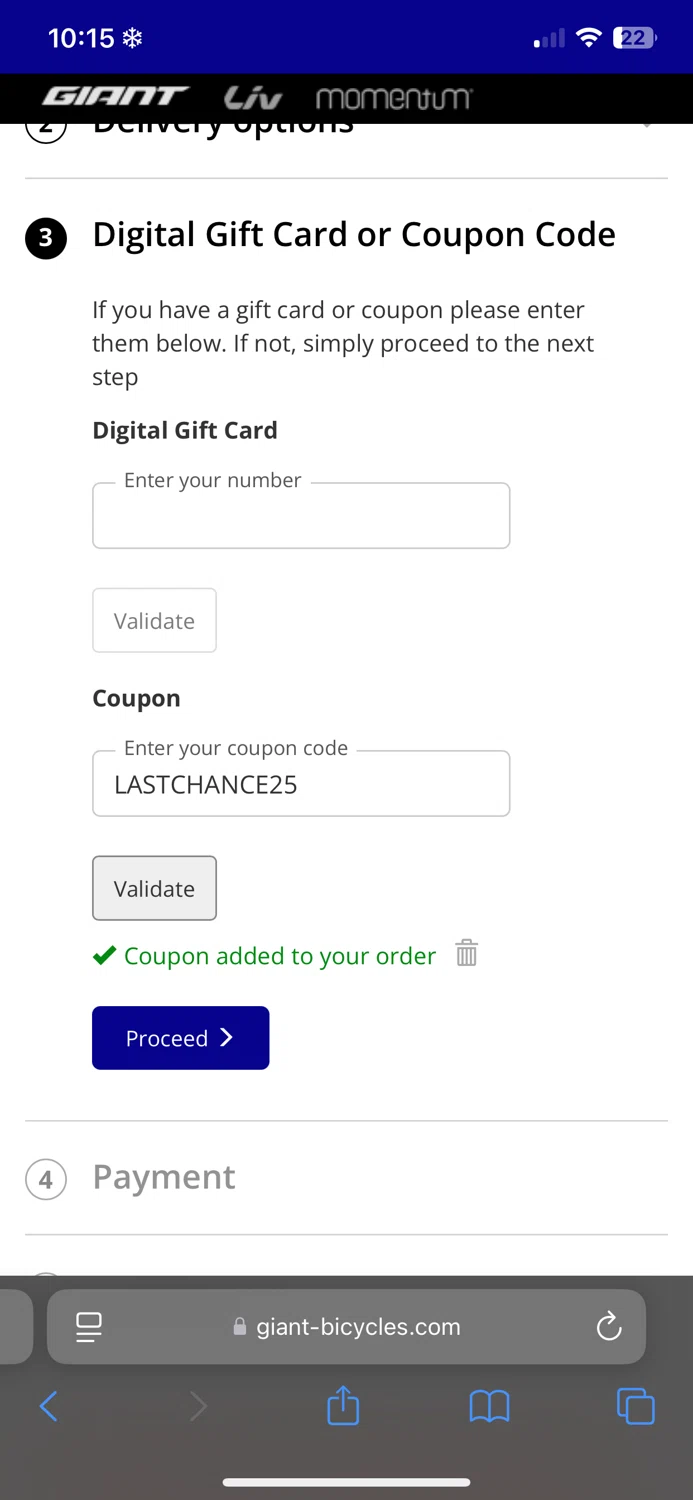 Giant Bicycles checkout page showing Giant Bicycles coupon code box | Screenshot taken by SimplyCodes community member on Dec 15, 2024