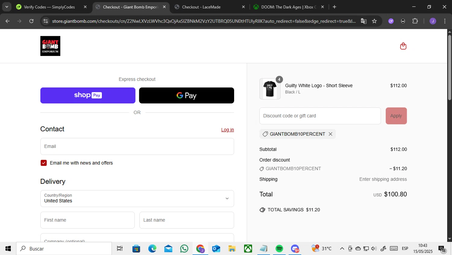 Giant Bomb checkout page showing Giant Bomb promo code box | Screenshot taken by SimplyCodes community member on May 15, 2025