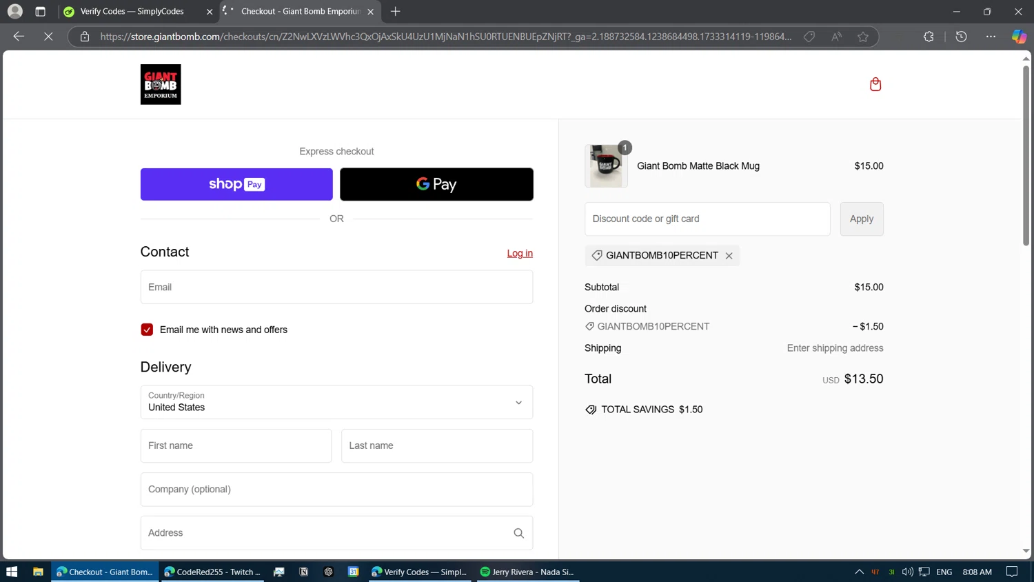 Giant Bomb checkout page showing Giant Bomb promo code box | Screenshot taken by SimplyCodes community member on Dec 4, 2024