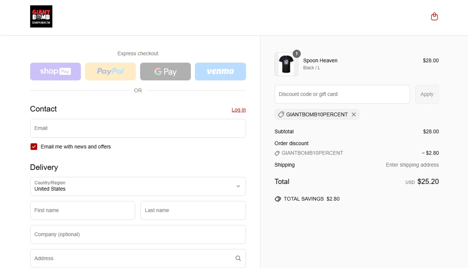 Giant Bomb promo code screenshot showing code GiantBomb10Percent applied at Giant Bomb checkout page. Uploaded by SimplyCodes community member alexbrown on Jun 19, 2025