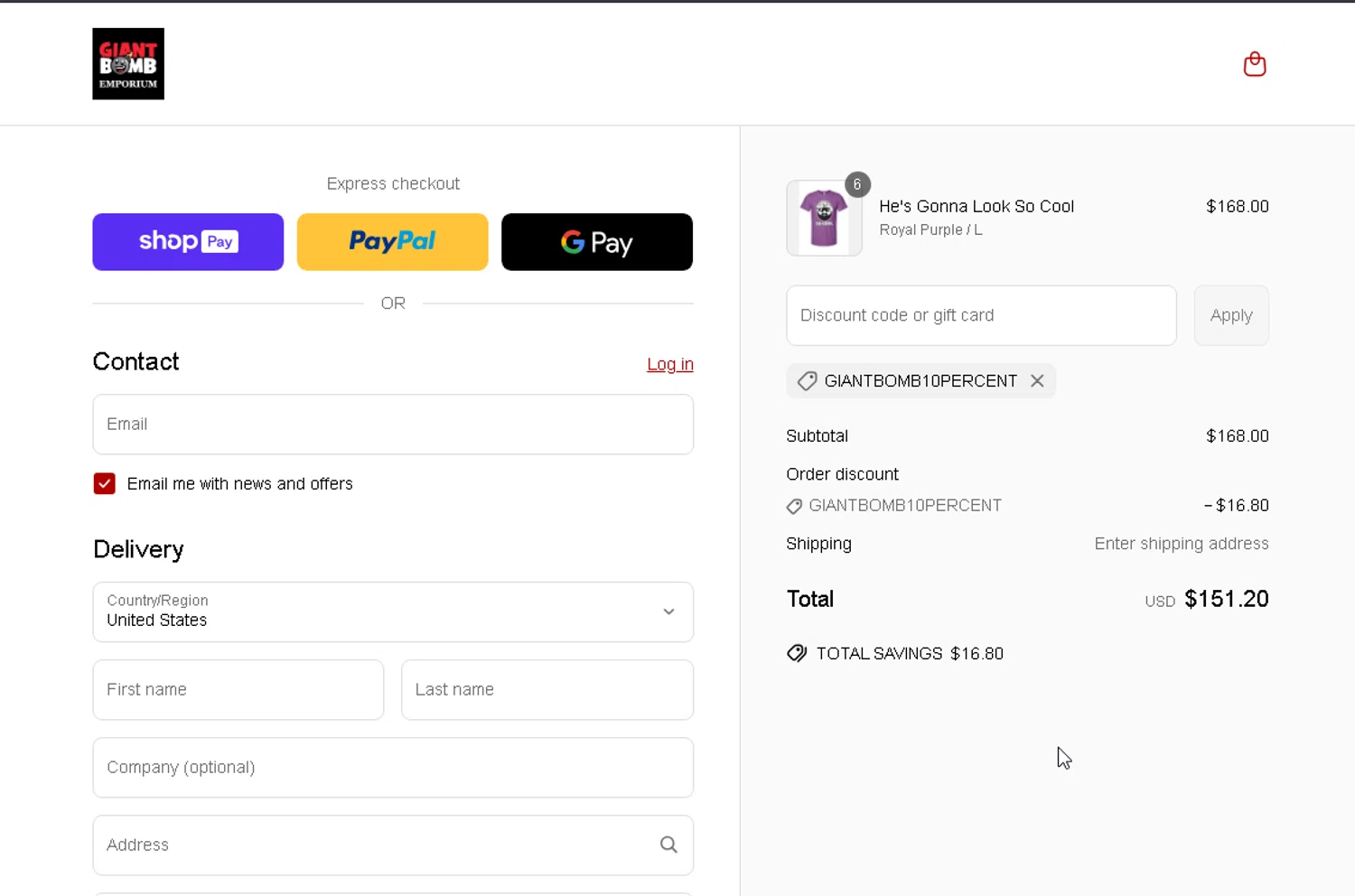 Giant Bomb promo code screenshot showing code GiantBomb10Percent applied at Giant Bomb checkout page. Uploaded by SimplyCodes community member lisethchirino on Jun 26, 2025