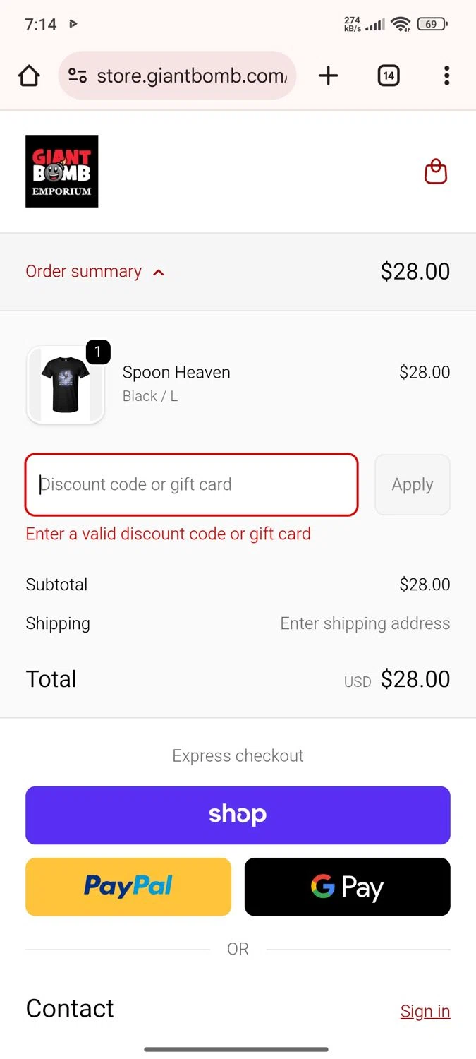 Giant Bomb promo code screenshot showing code spoonheaven applied at Giant Bomb checkout page. Uploaded by SimplyCodes community member Esteban on Sep 22, 2025