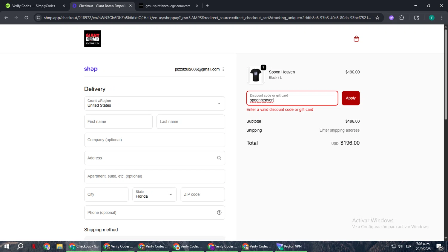 Giant Bomb promo code screenshot showing code spoonheaven applied at Giant Bomb checkout page. Uploaded by SimplyCodes community member FrugalCaptain6906 on Sep 22, 2025