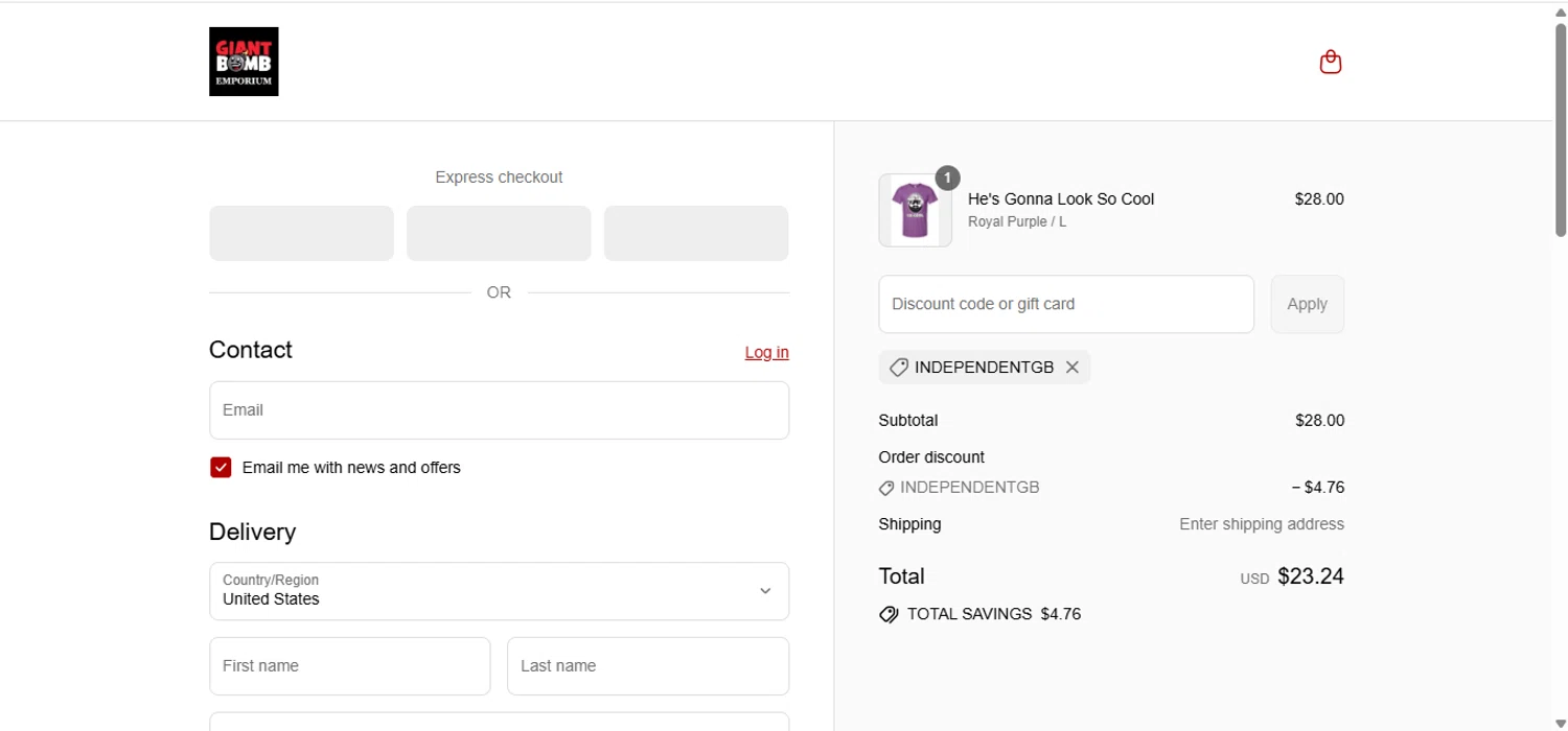 Giant Bomb promo code screenshot showing code IndependentGB applied at Giant Bomb checkout page. Uploaded by SimplyCodes community member anosesmith on Jul 4, 2025