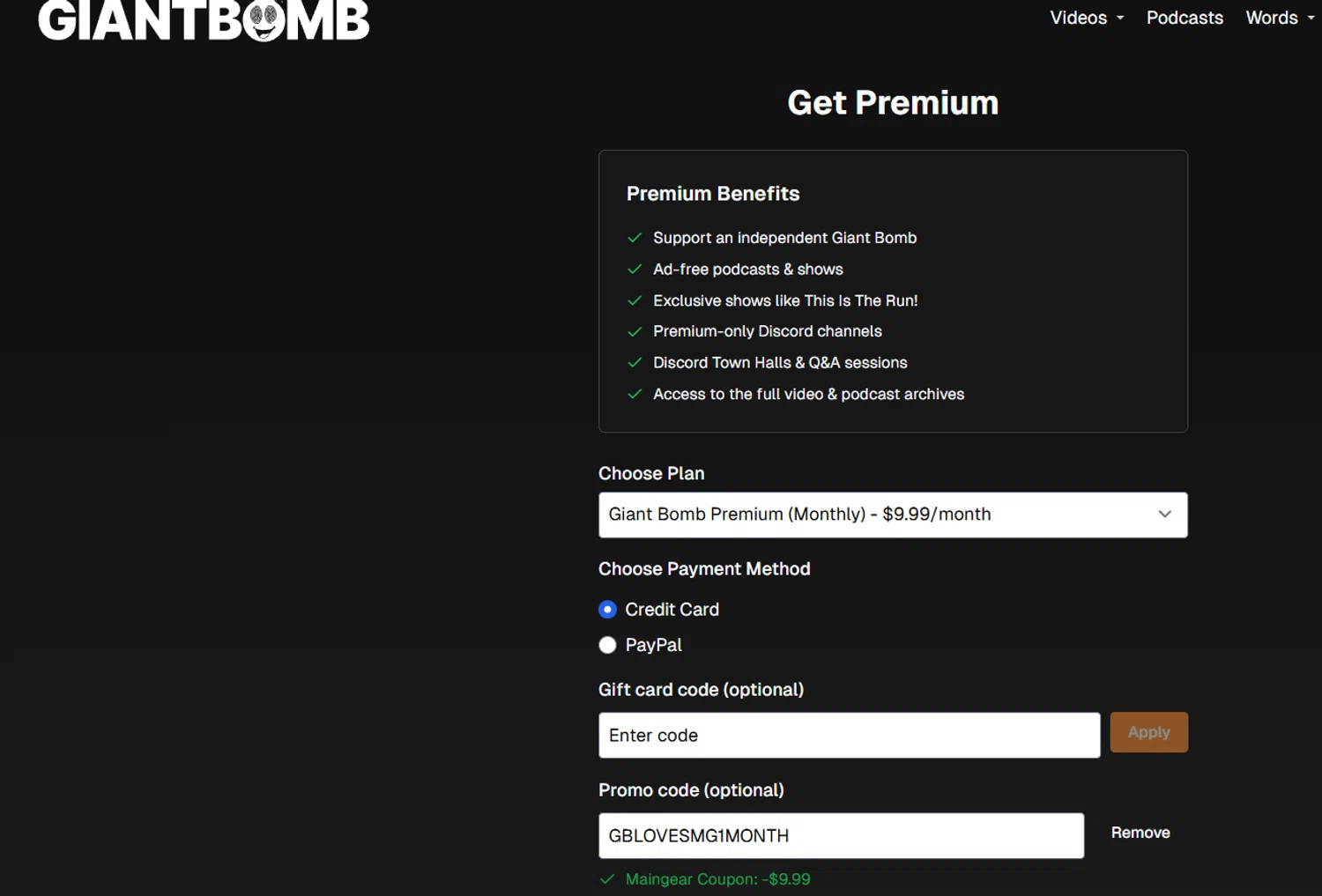 Giant Bomb promo code screenshot showing code GBLOVESMG1MONTH applied at Giant Bomb checkout page. Uploaded by SimplyCodes community member jesspea on Dec 30, 2025