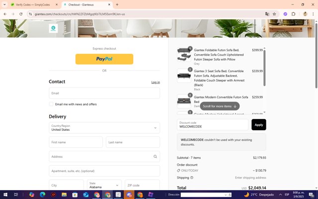 Giantex checkout page showing Giantex discount code box | Screenshot taken by SimplyCodes community member on Sep 4, 2025