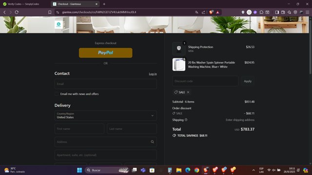 Giantex checkout page showing Giantex discount code box | Screenshot taken by SimplyCodes community member on Aug 26, 2025