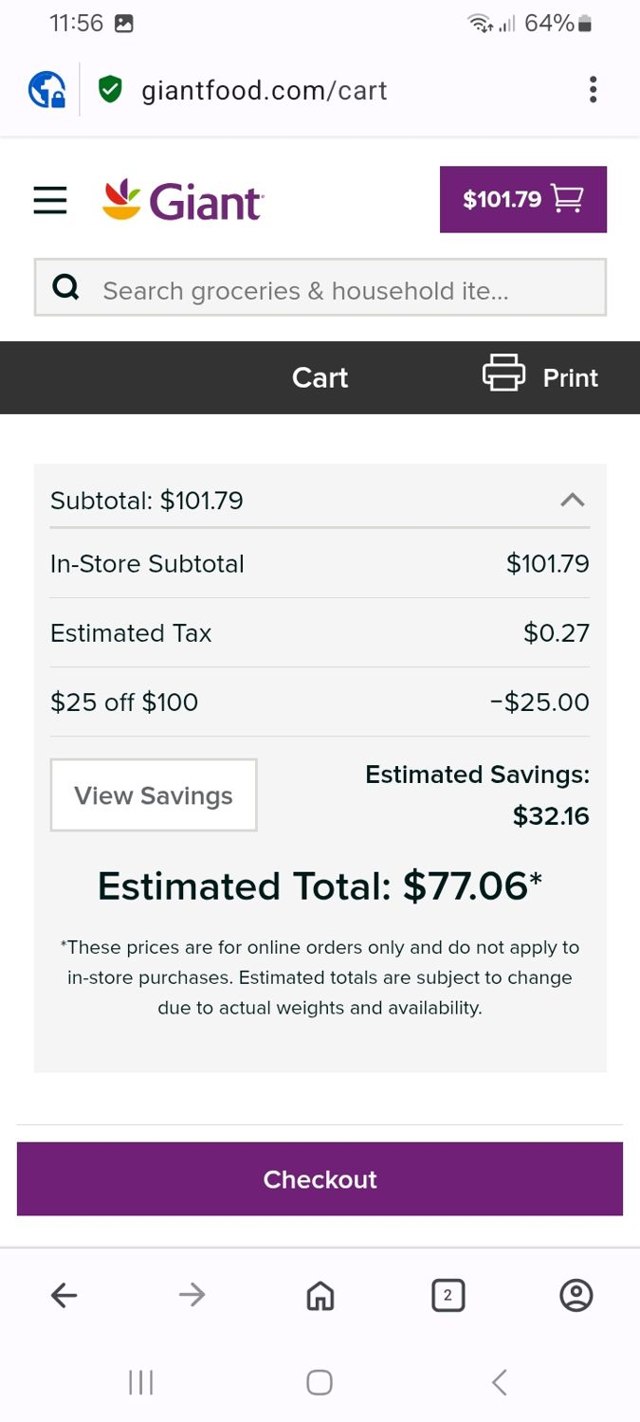 Giant Food checkout page showing Giant Food promo code box | Screenshot taken by SimplyCodes community member on Aug 4, 2025