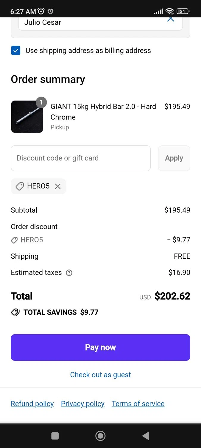 Giant Lifting discount code screenshot showing code HERO5 applied at Giant Lifting checkout page. Uploaded by SimplyCodes community member BargainPioneer8286 on Aug 27, 2025