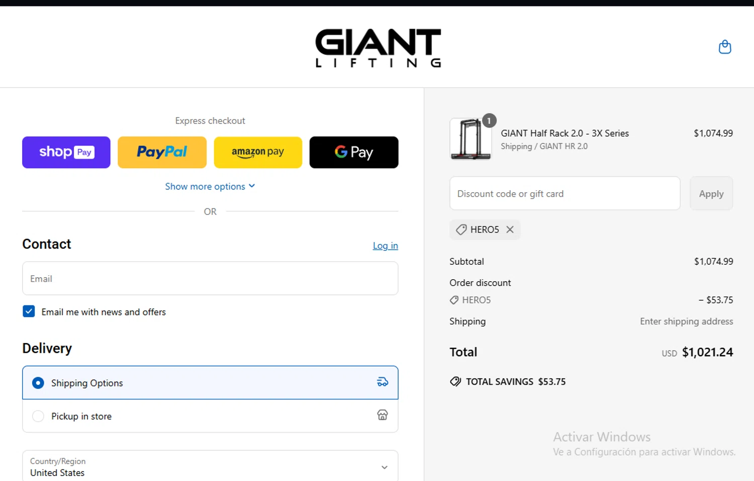 Giant Lifting discount code screenshot showing code HERO5 applied at Giant Lifting checkout page. Uploaded by SimplyCodes community member Lestara_23 on Mar 26, 2025