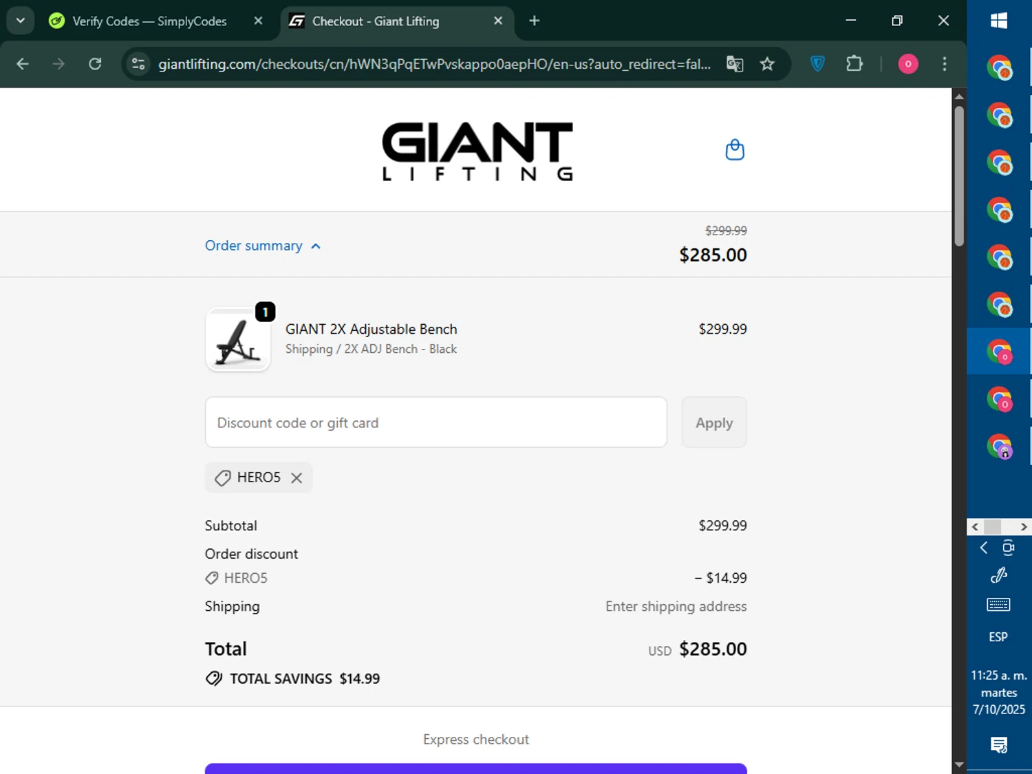Giant Lifting discount code screenshot showing code HERO5 applied at Giant Lifting checkout page. Uploaded by SimplyCodes community member RebateNavigator926 on Oct 7, 2025