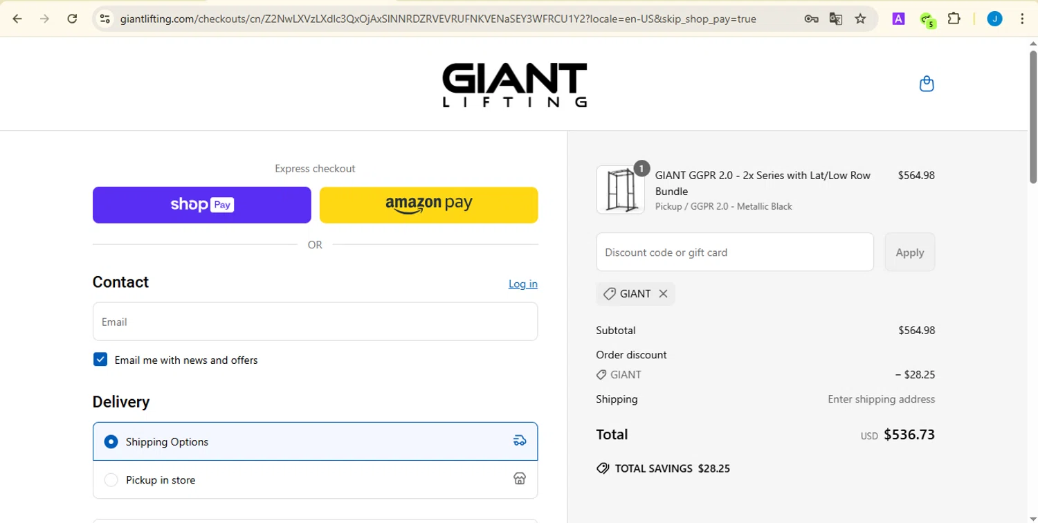 Giant Lifting discount code screenshot showing code GIANT applied at Giant Lifting checkout page. Uploaded by SimplyCodes community member jessicasuarez on Apr 24, 2025