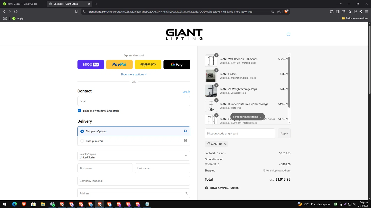 Giant Lifting discount code screenshot showing code GIANT10 applied at Giant Lifting checkout page. Uploaded by SimplyCodes community member TreasureEagle7585 on Apr 24, 2025