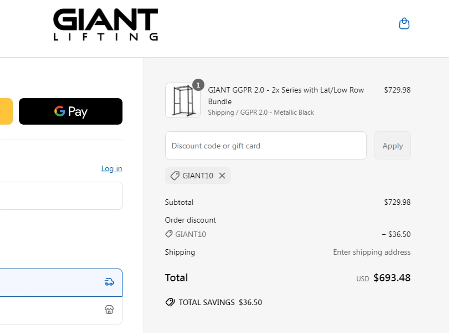 Giant Lifting discount code screenshot showing code GIANT10 applied at Giant Lifting checkout page. Uploaded by SimplyCodes community member yeresojperez on Apr 24, 2025