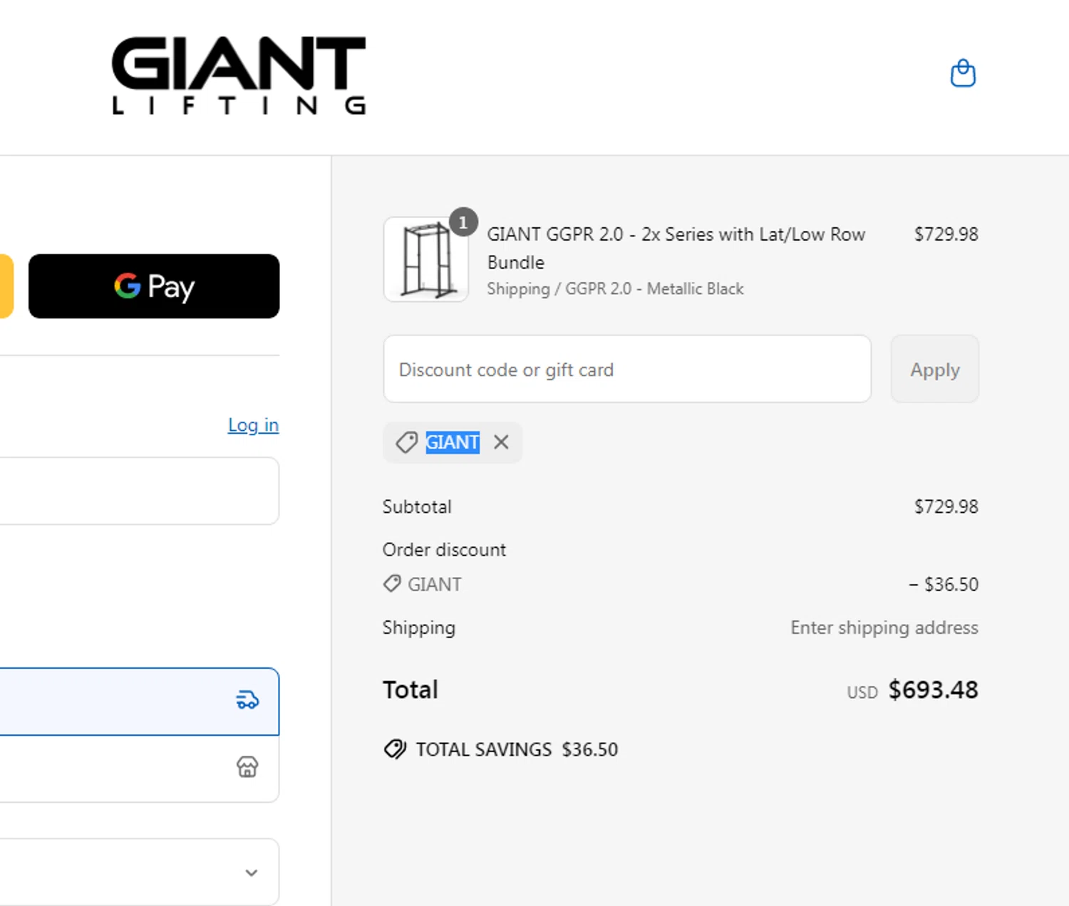 Giant Lifting discount code screenshot showing code GIANT applied at Giant Lifting checkout page. Uploaded by SimplyCodes community member yeresojperez on Apr 24, 2025