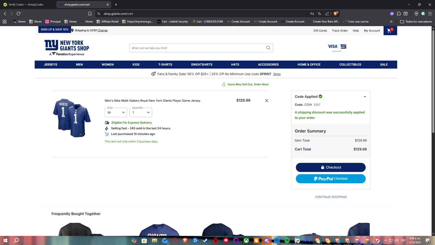 Giants promo code screenshot showing code COIN applied at Giants checkout page. Uploaded by SimplyCodes community member SimplyNerd on Dec 2, 2025