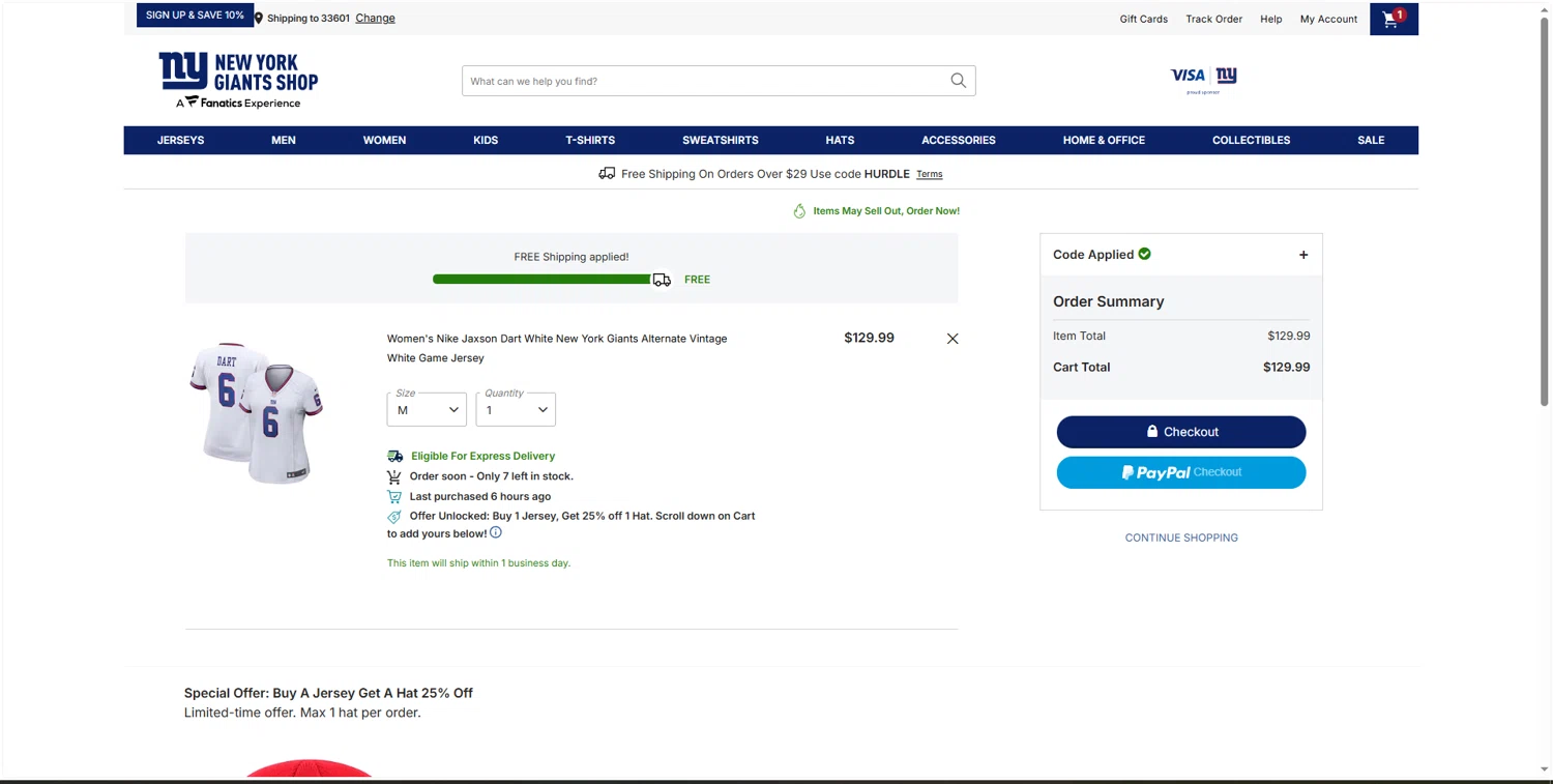 Giants checkout page showing Giants promo code box | Screenshot taken by SimplyCodes community member on Feb 2, 2026