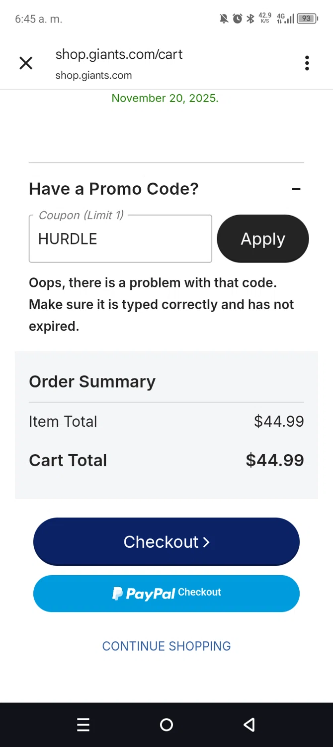 Giants promo code screenshot showing code HURDLE applied at Giants checkout page. Uploaded by SimplyCodes community member leiraM on Oct 23, 2025