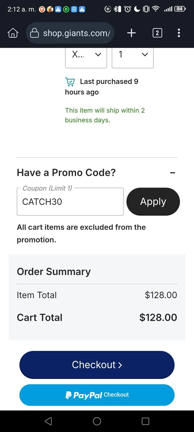 Giants promo code screenshot showing code CATCH30 applied at Giants checkout page. Uploaded by SimplyCodes community member Madurocupones on Nov 17, 2025