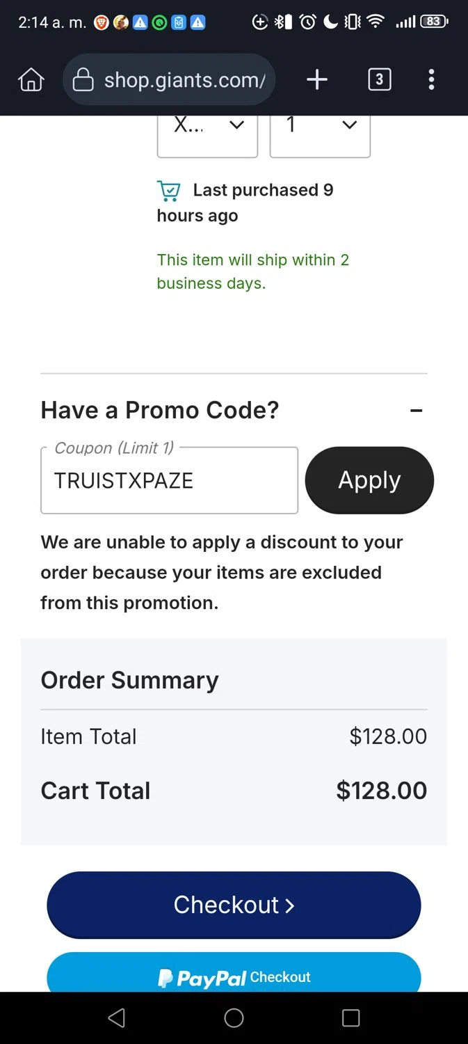 Giants promo code screenshot showing code TRUISTXPAZE applied at Giants checkout page. Uploaded by SimplyCodes community member Madurocupones on Nov 17, 2025