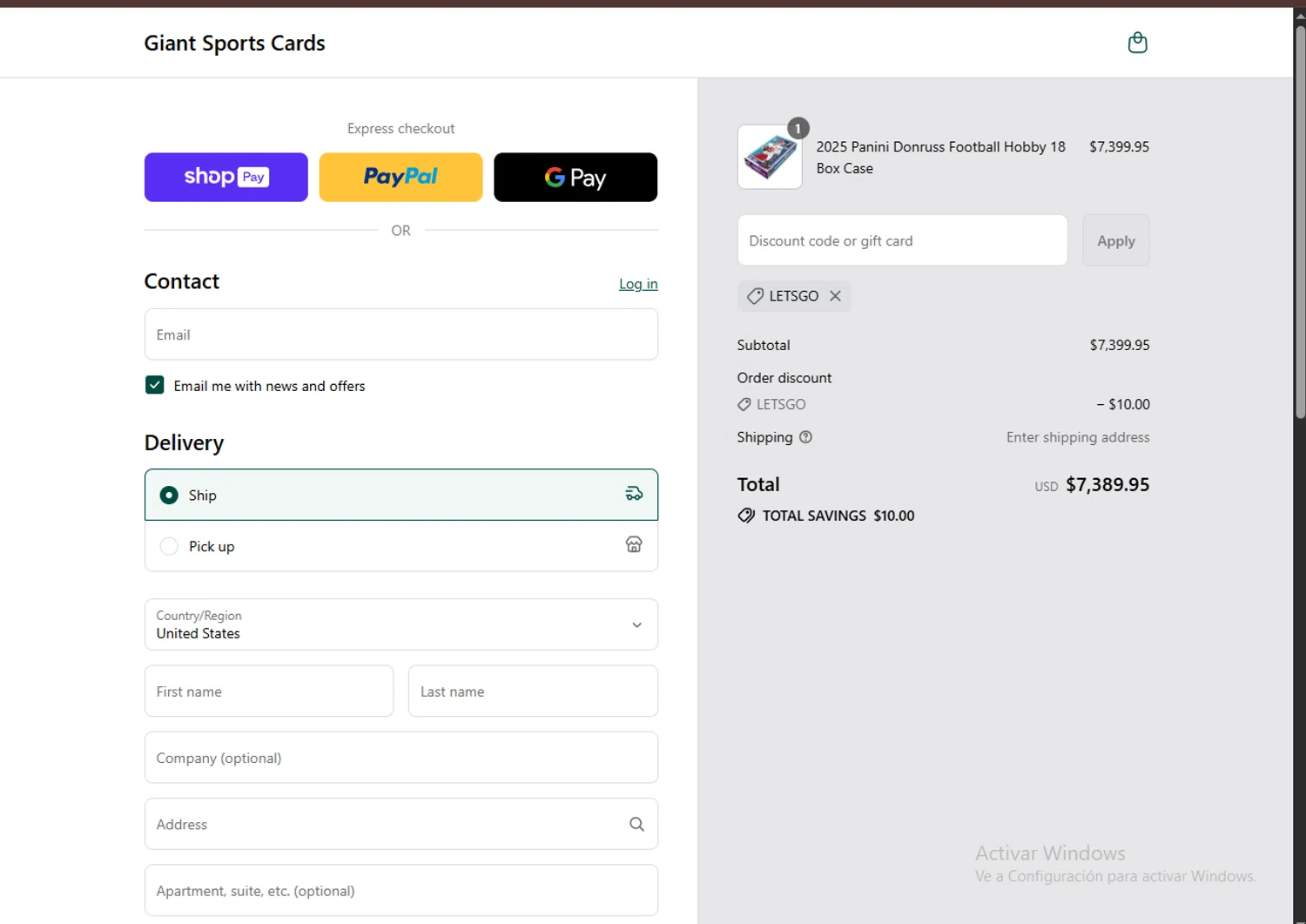 Giant Sports Cards discount code screenshot showing code LETSGO applied at Giant Sports Cards checkout page. Uploaded by SimplyCodes community member MagnificentTitan8616 on Aug 7, 2025