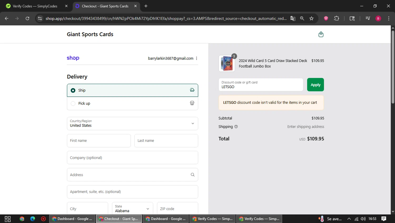 Giant Sports Cards discount code screenshot showing code LETSGO applied at Giant Sports Cards checkout page. Uploaded by SimplyCodes community member SwiftSage1747 on Sep 10, 2025