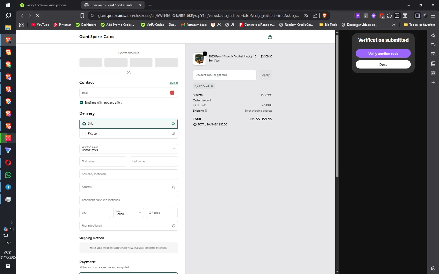 Giant Sports Cards discount code screenshot showing code LETSGO applied at Giant Sports Cards checkout page. Uploaded by SimplyCodes community member ilarrazaM1 on Oct 21, 2025