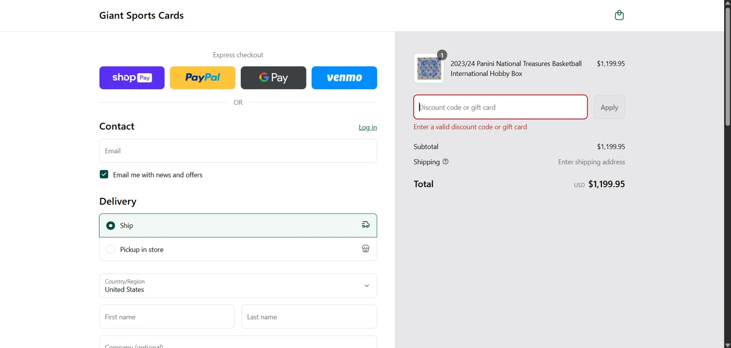 Giant Sports Cards discount code screenshot showing code PRES2023 applied at Giant Sports Cards checkout page. Uploaded by SimplyCodes community member isjavierpl on May 19, 2025
