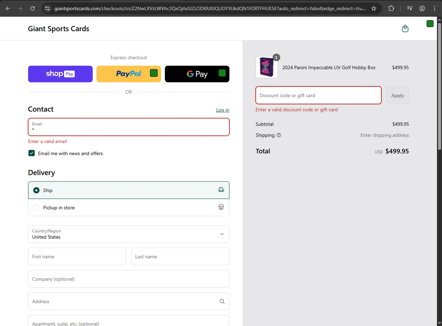 Giant Sports Cards discount code screenshot showing code PRES2023 applied at Giant Sports Cards checkout page. Uploaded by SimplyCodes community member luffyreturn on May 19, 2025