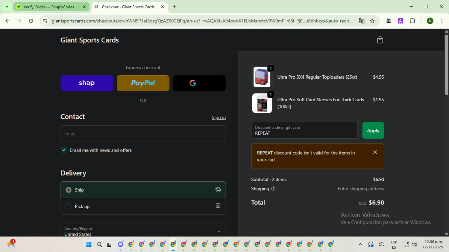 Giant Sports Cards discount code screenshot showing code REPEAT applied at Giant Sports Cards checkout page. Uploaded by SimplyCodes community member BargainGuardian5495 on Nov 17, 2025