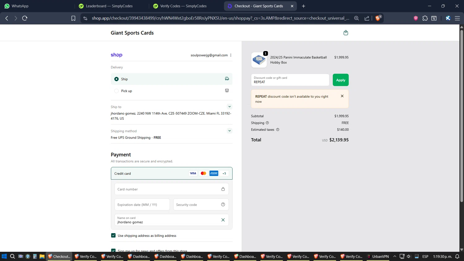 Giant Sports Cards discount code screenshot showing code REPEAT applied at Giant Sports Cards checkout page. Uploaded by SimplyCodes community member SimplyGOAT on Oct 25, 2025