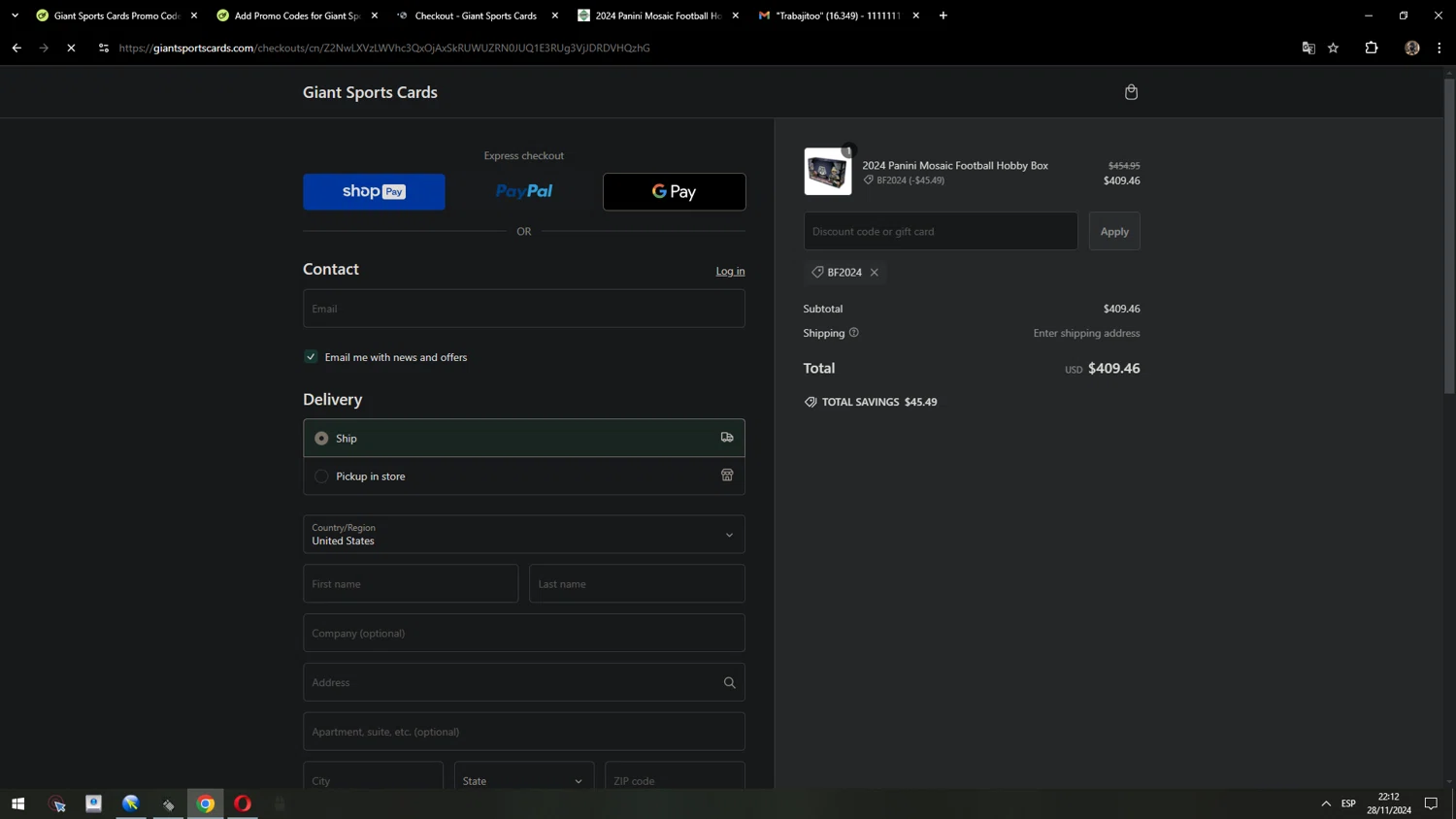Giant Sports Cards discount code screenshot showing code BF2024 applied at Giant Sports Cards checkout page. Uploaded by SimplyCodes community member MarcosAranguren on Nov 29, 2024