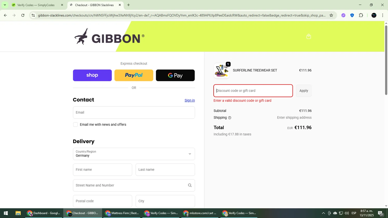 Gibbon Slacklines promo code screenshot showing code MUDI15 applied at Gibbon Slacklines checkout page. Uploaded by SimplyCodes community member CarmenVGR on Nov 13, 2025