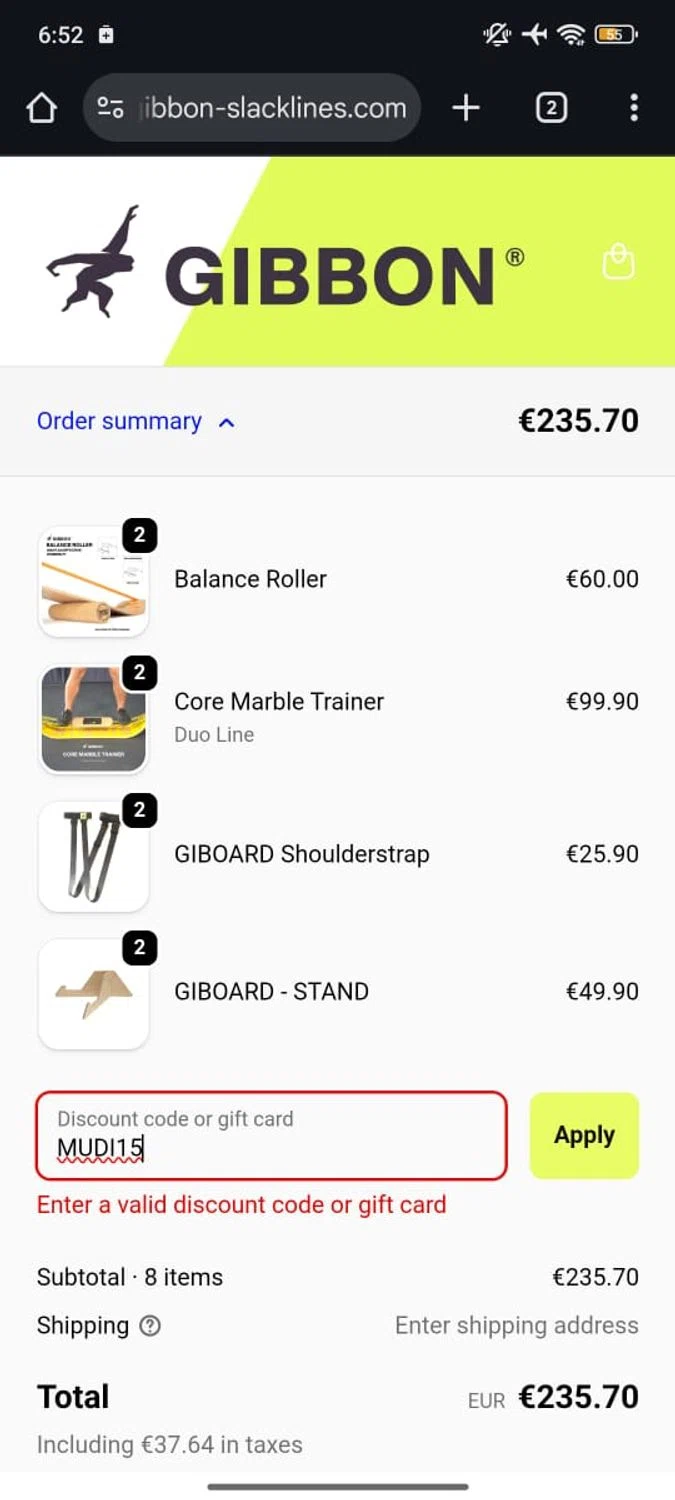 Gibbon Slacklines promo code screenshot showing code MUDI15 applied at Gibbon Slacklines checkout page. Uploaded by SimplyCodes community member RoyalSpotter5217 on Jan 4, 2026