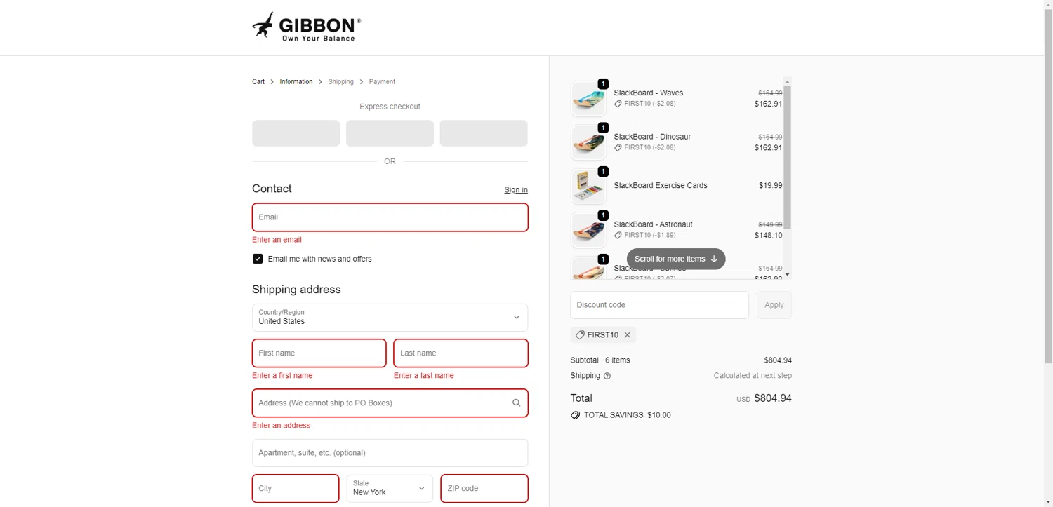 Gibbon Slacklines checkout page showing Gibbon Slacklines promo code box | Screenshot taken by SimplyCodes community member on Oct 22, 2025