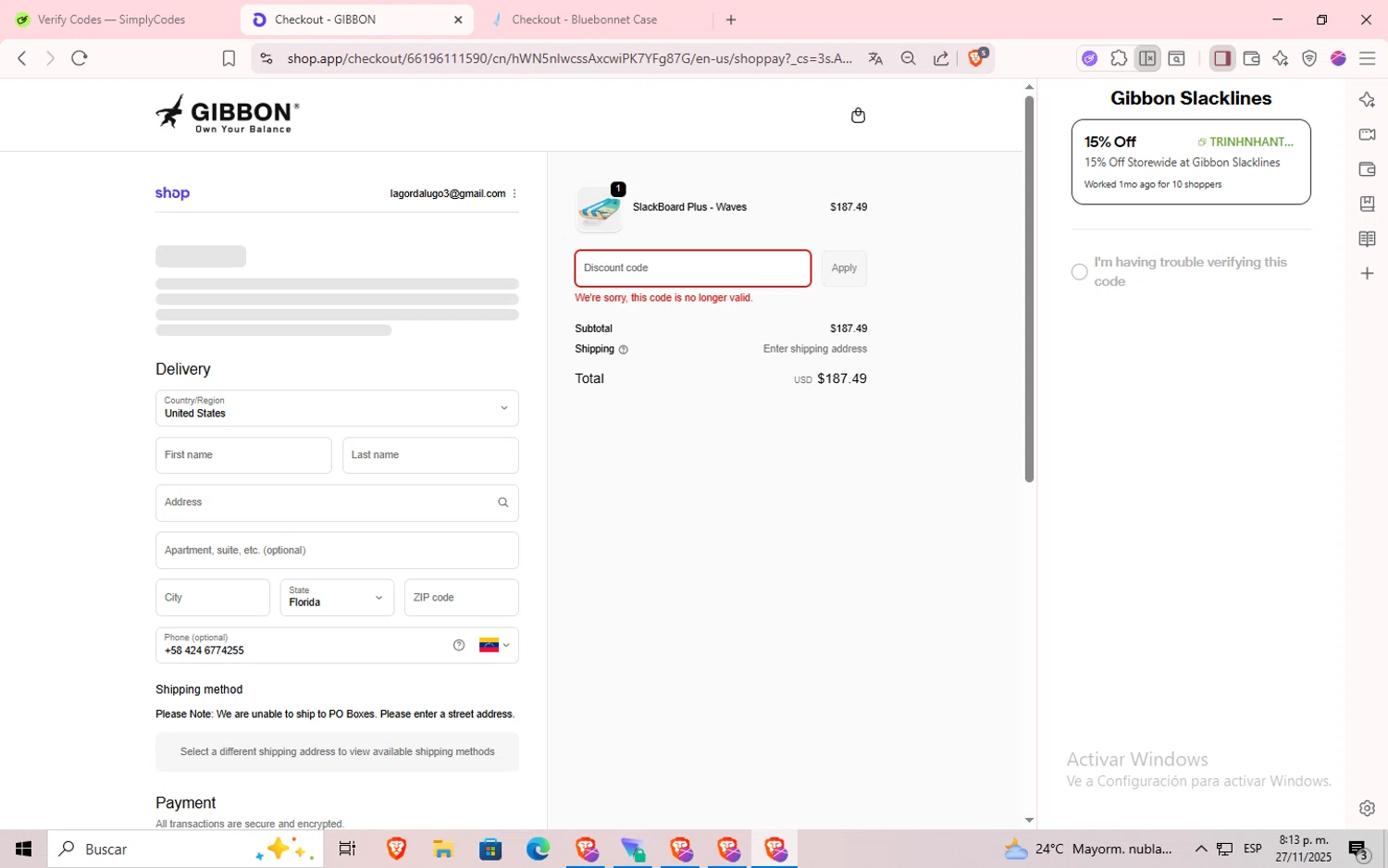 Gibbon Slacklines promo code screenshot showing code TRINHNHANTOAN applied at Gibbon Slacklines checkout page. Uploaded by SimplyCodes community member Jsjsjsjsjsjsjs on Nov 28, 2025