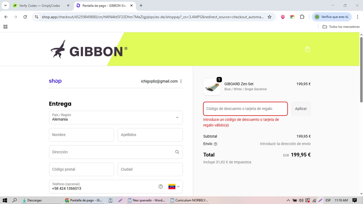 Gibbon Slacklines promo code screenshot showing code TRINHNHANTOAN applied at Gibbon Slacklines checkout page. Uploaded by SimplyCodes community member nicolasquevedo on Oct 31, 2025