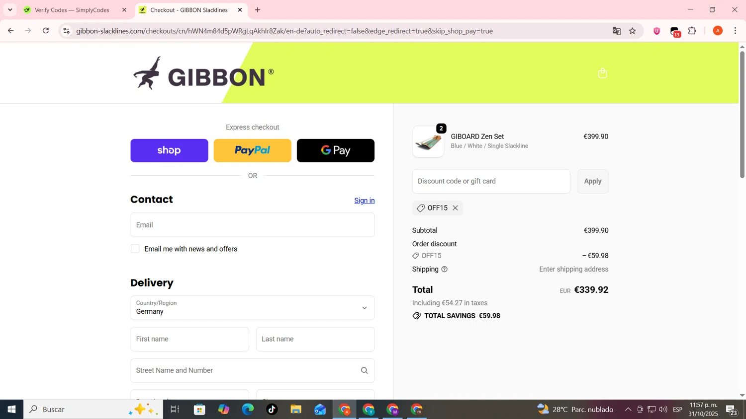 Gibbon Slacklines checkout page showing Gibbon Slacklines promo code box | Screenshot taken by SimplyCodes community member on Nov 1, 2025
