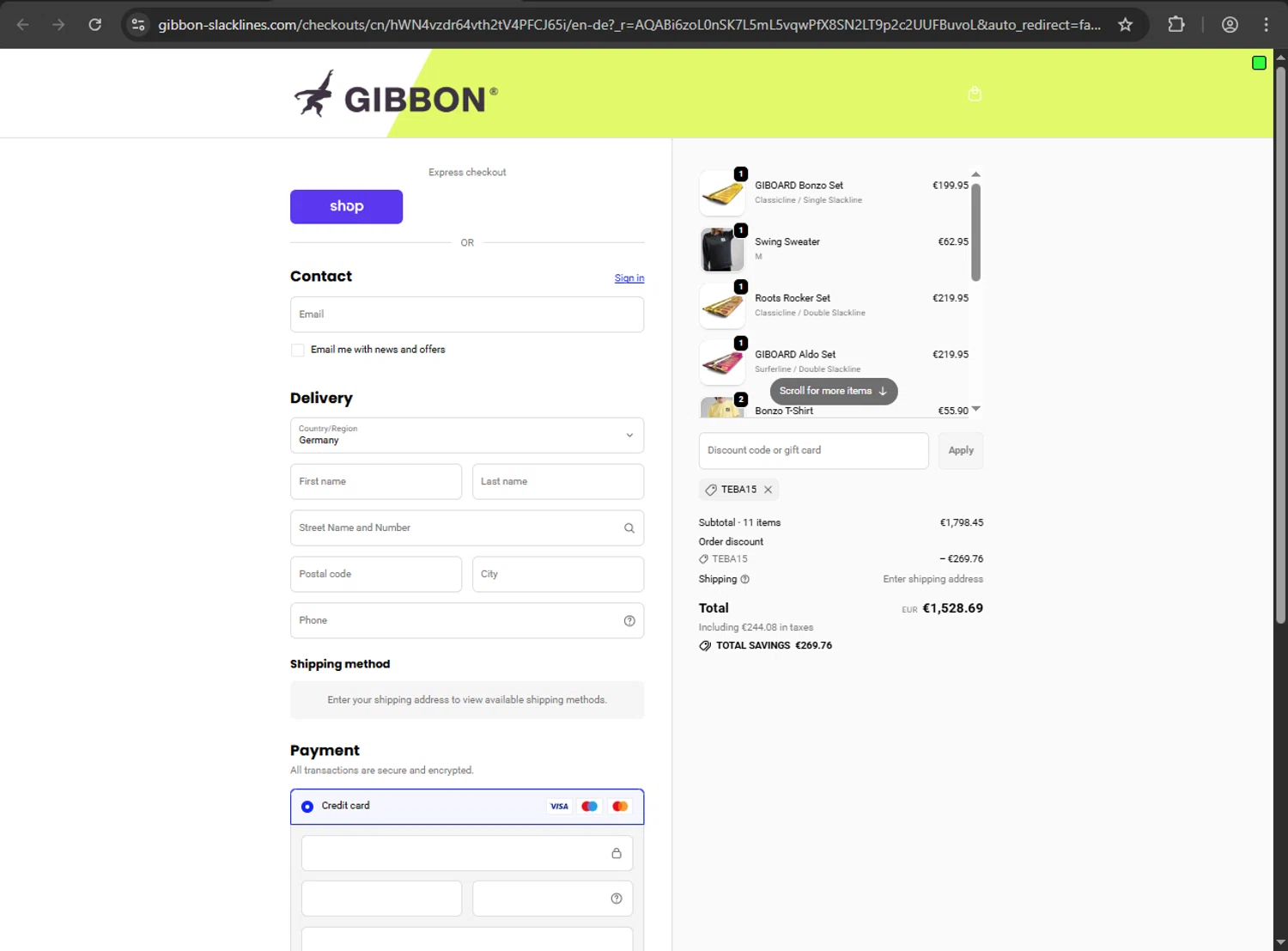Gibbon Slacklines checkout page showing Gibbon Slacklines promo code box | Screenshot taken by SimplyCodes community member on Nov 5, 2025