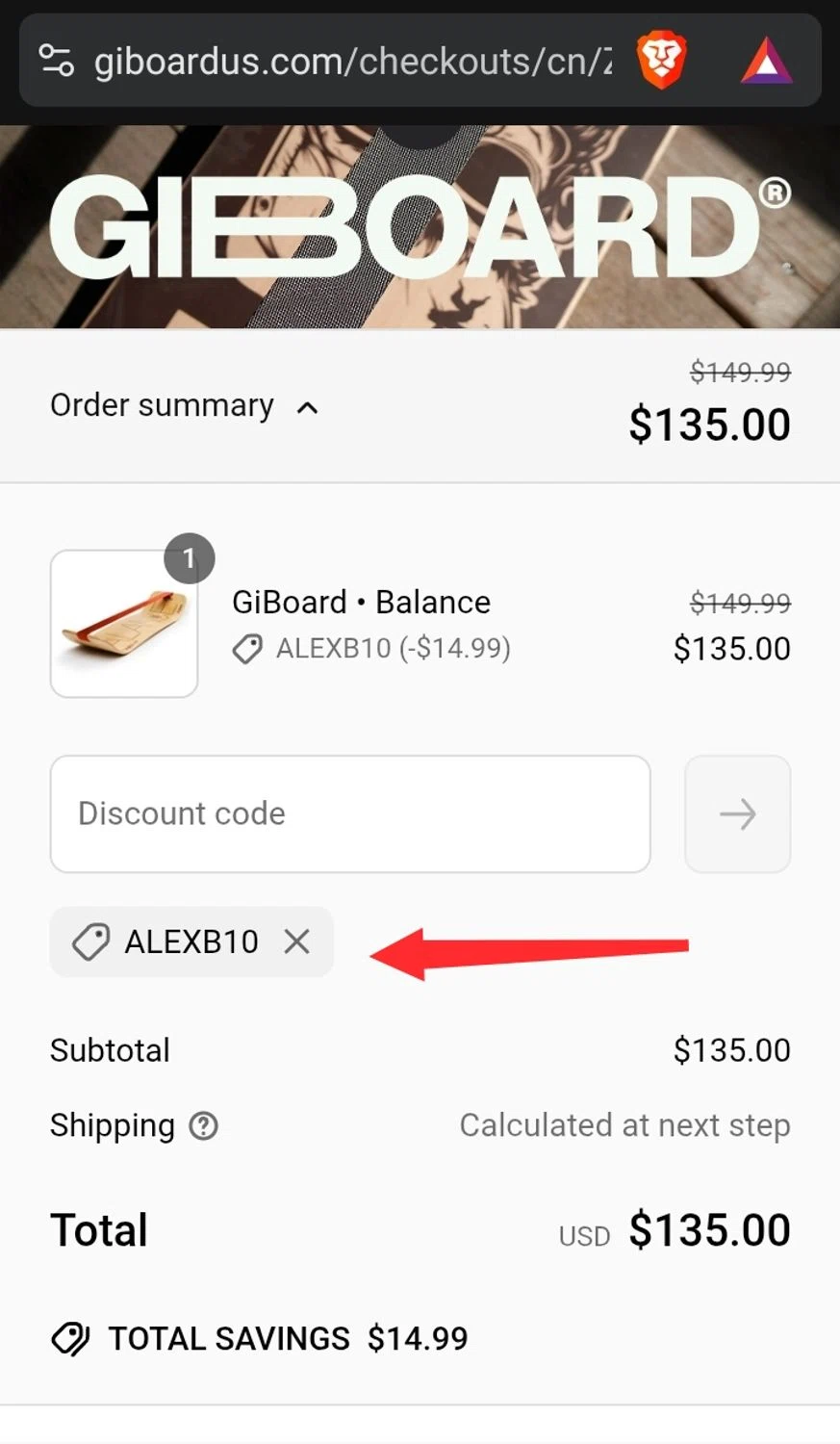 GiBoard US promo code screenshot showing code ALEXB10 applied at GiBoard US checkout page. Uploaded by SimplyCodes community member 1763PrettyViewLane on May 19, 2025
