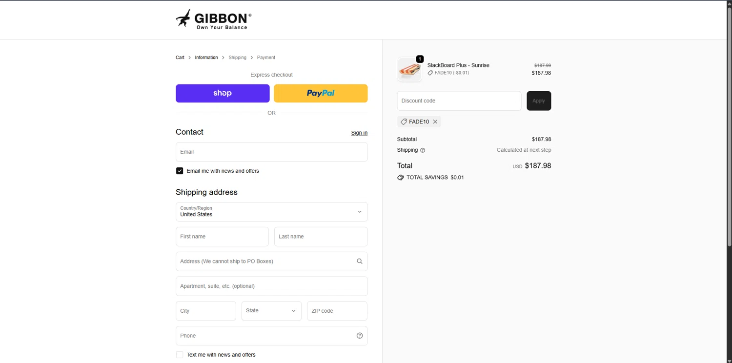 GiBoard US promo code screenshot showing code FADE10 applied at GiBoard US checkout page. Uploaded by SimplyCodes community member SwiftCurator5517 on Nov 30, 2025