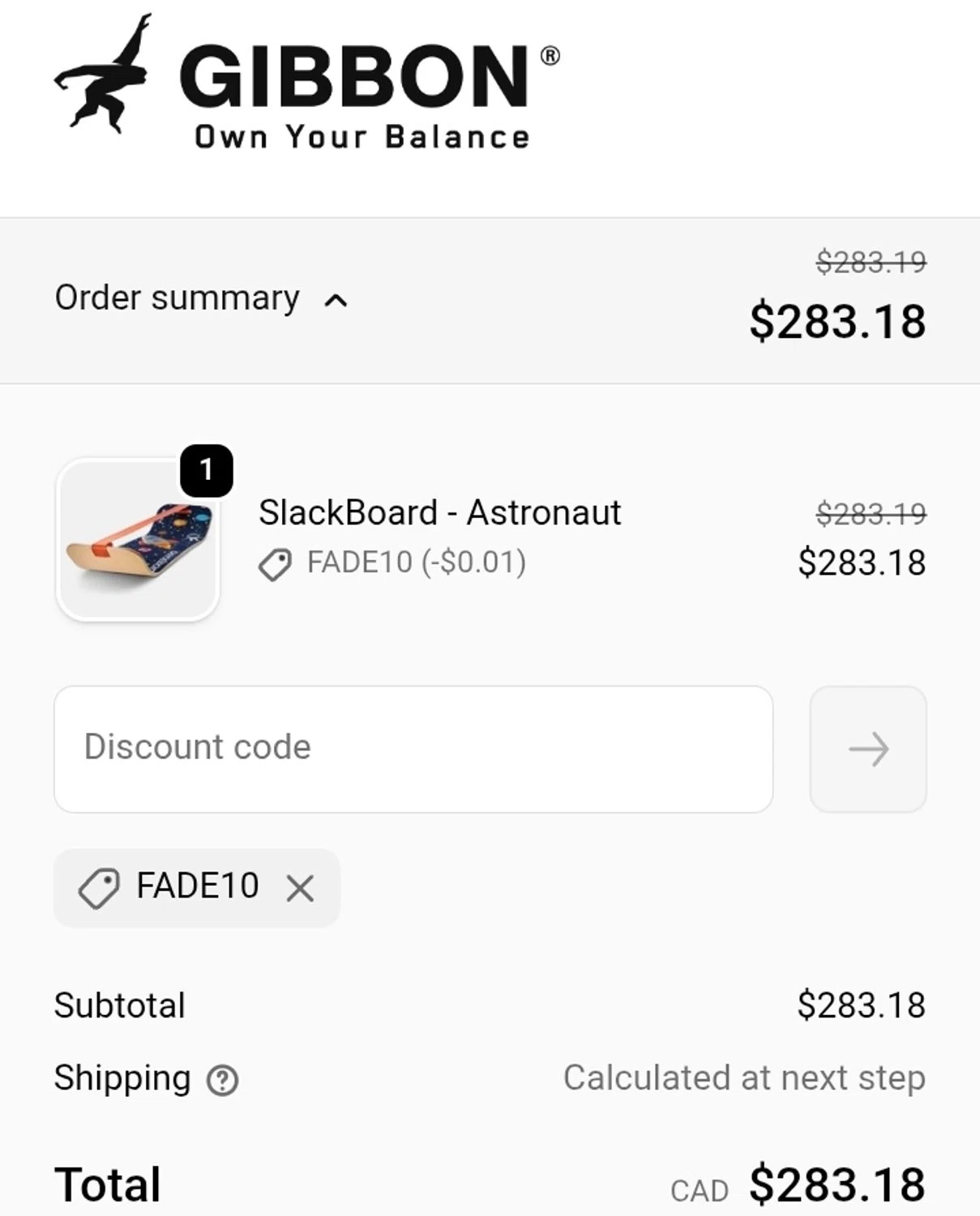 GiBoard US promo code screenshot showing code FADE10 applied at GiBoard US checkout page. Uploaded by SimplyCodes community member ValiantCurator3344 on Oct 7, 2025