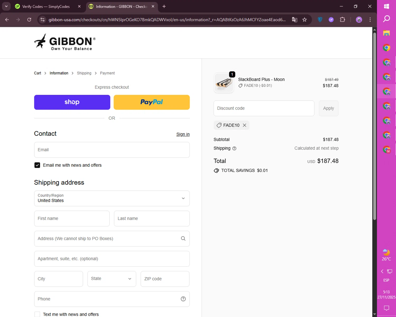 GiBoard US promo code screenshot showing code FADE10 applied at GiBoard US checkout page. Uploaded by SimplyCodes community member mileSalima on Nov 27, 2025