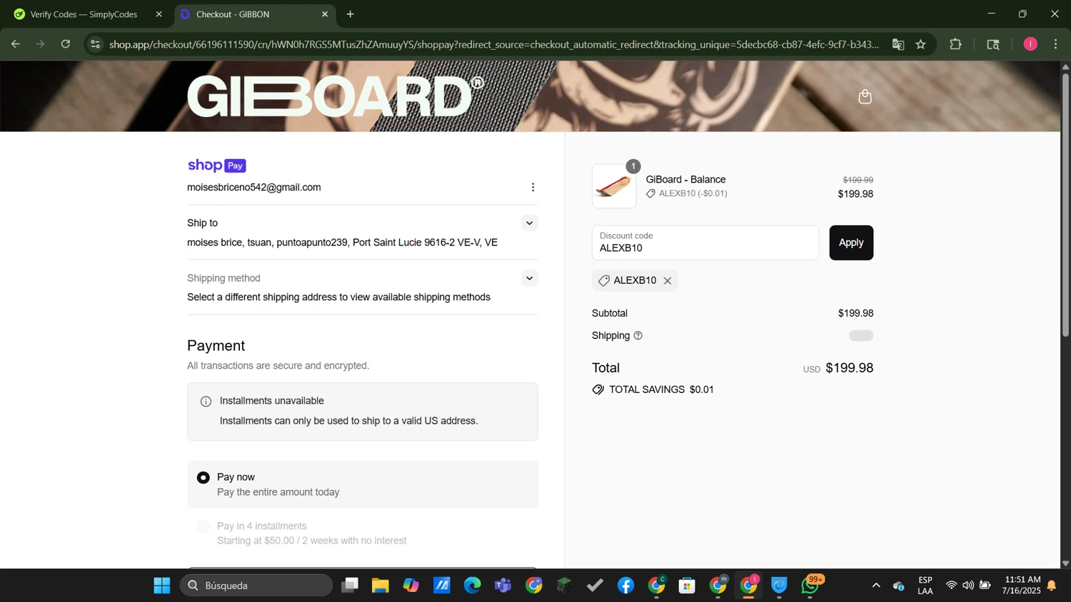 GiBoard US promo code screenshot showing code ALEXB10 applied at GiBoard US checkout page. Uploaded by SimplyCodes community member MightyGuardian8404 on Jul 16, 2025
