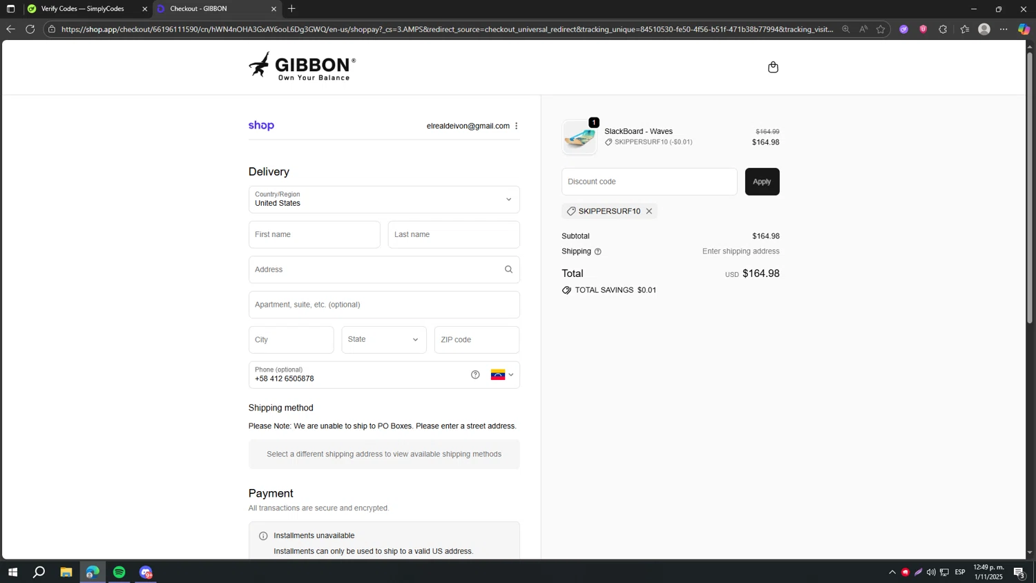 GiBoard US promo code screenshot showing code SKIPPERSURF10 applied at GiBoard US checkout page. Uploaded by SimplyCodes community member fjkdjkldsf on Nov 1, 2025