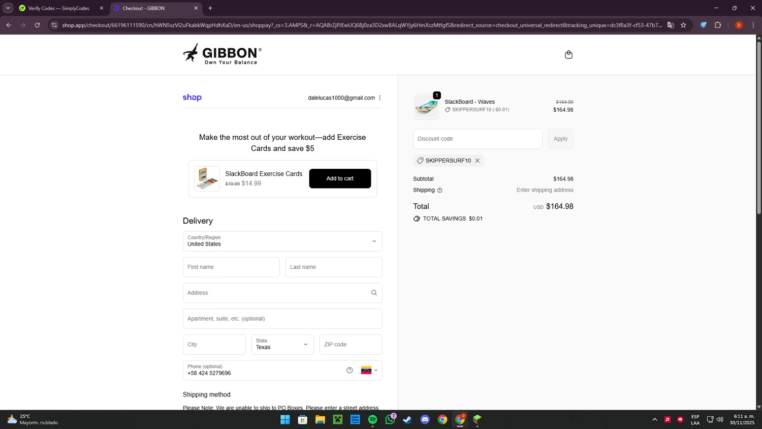GiBoard US promo code screenshot showing code SKIPPERSURF10 applied at GiBoard US checkout page. Uploaded by SimplyCodes community member Corleone on Nov 30, 2025