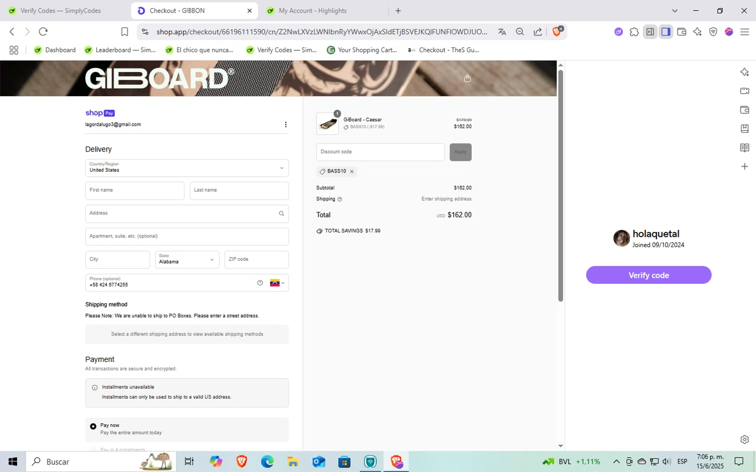 GiBoard US promo code screenshot showing code Bass10 applied at GiBoard US checkout page. Uploaded by SimplyCodes community member Rayyyyyy on Jun 15, 2025