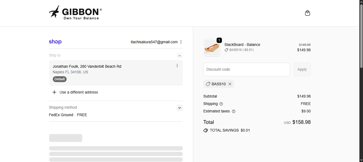 GiBoard US promo code screenshot showing code Bass10 applied at GiBoard US checkout page. Uploaded by SimplyCodes community member noworries on Nov 9, 2025