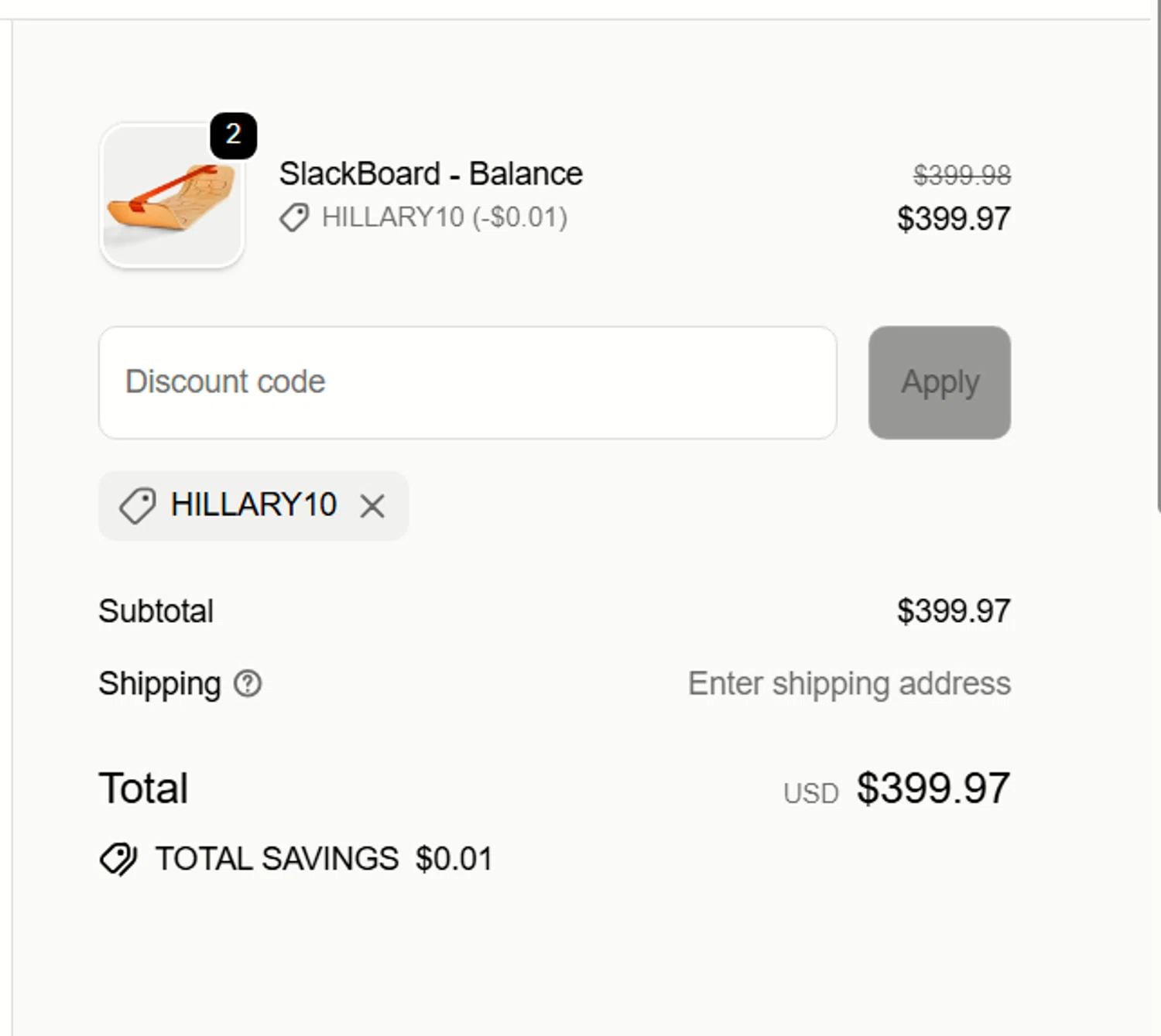 GiBoard US promo code screenshot showing code Hillary10 applied at GiBoard US checkout page. Uploaded by SimplyCodes community member mangoBajito1543 on Sep 22, 2025